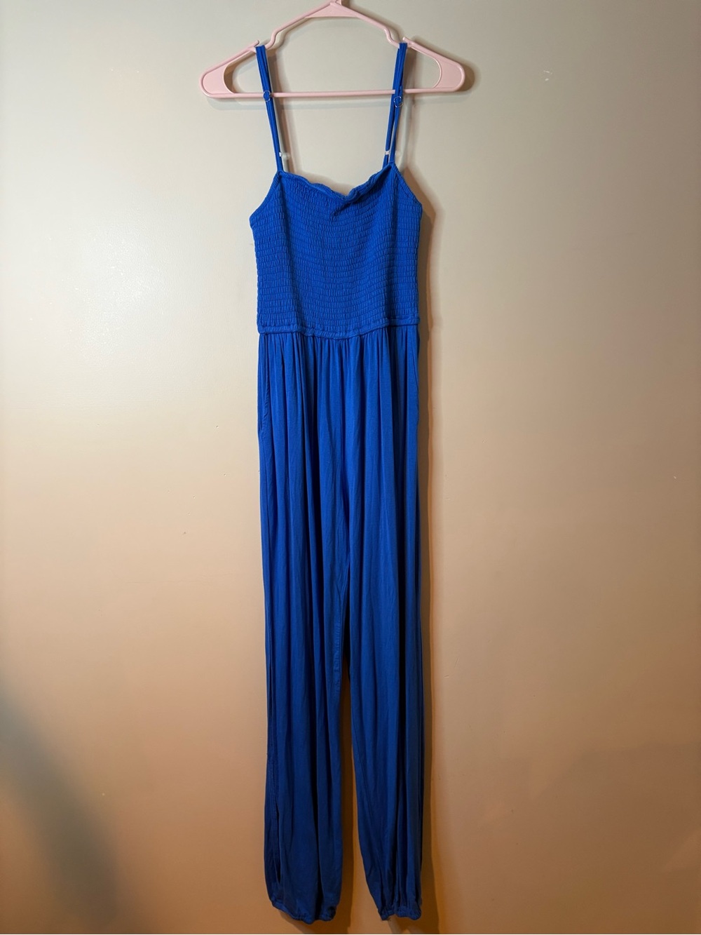 Main Strip Royal Blue Smocked Jogger Jumpsuit EUC